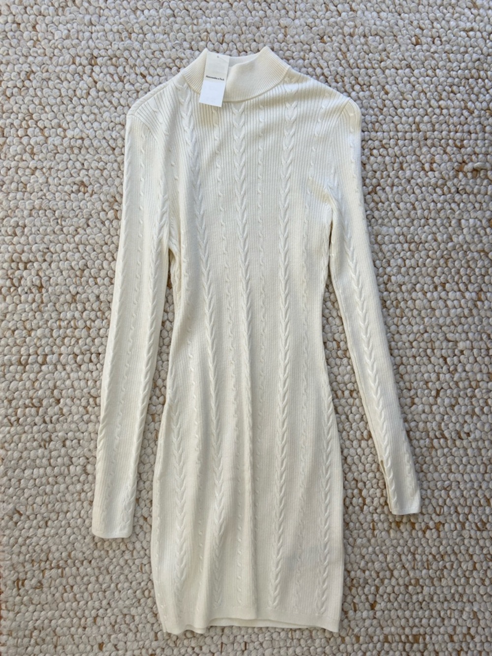 Slim Cable-Knit Long Sleeve Dress in Cream NWT